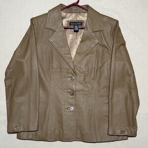 Dialogue Womens 100% Leather Jacket Blazer Button Coat Size Medium Bronze Brown